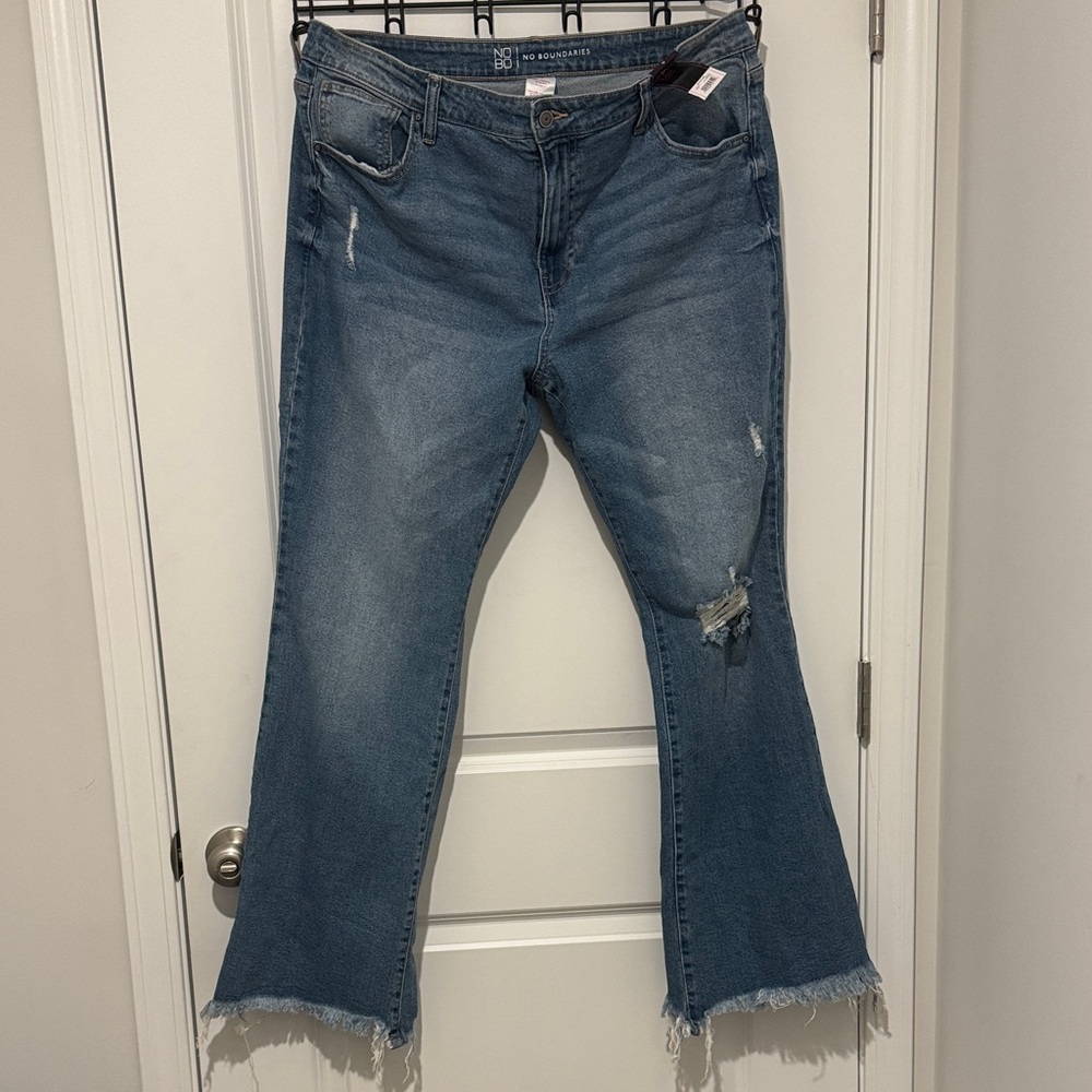 No Boundaries Blue Flare Jeans with Frayed Hem